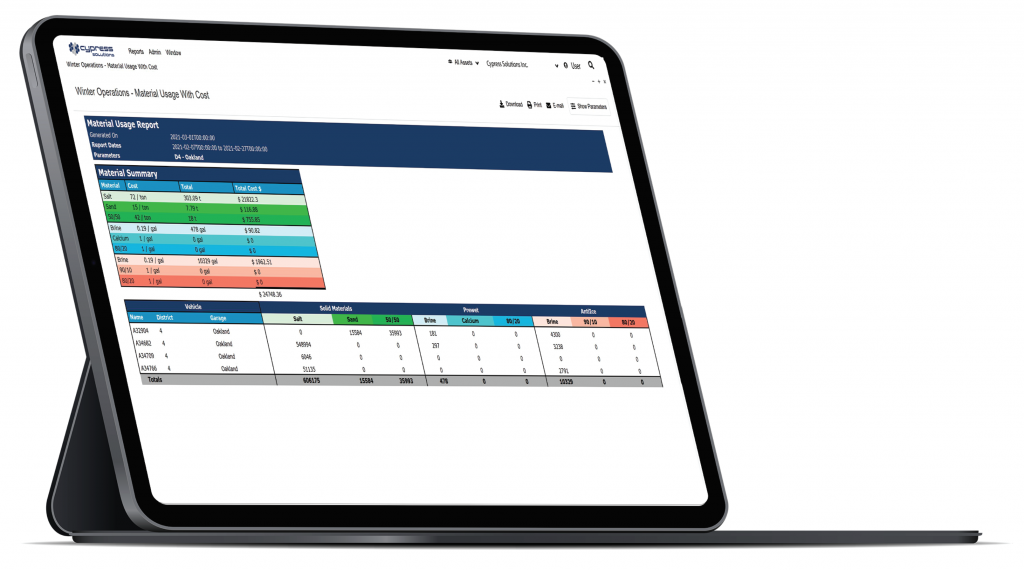 Material Usage Report in Cypress VUE Telematics Platform